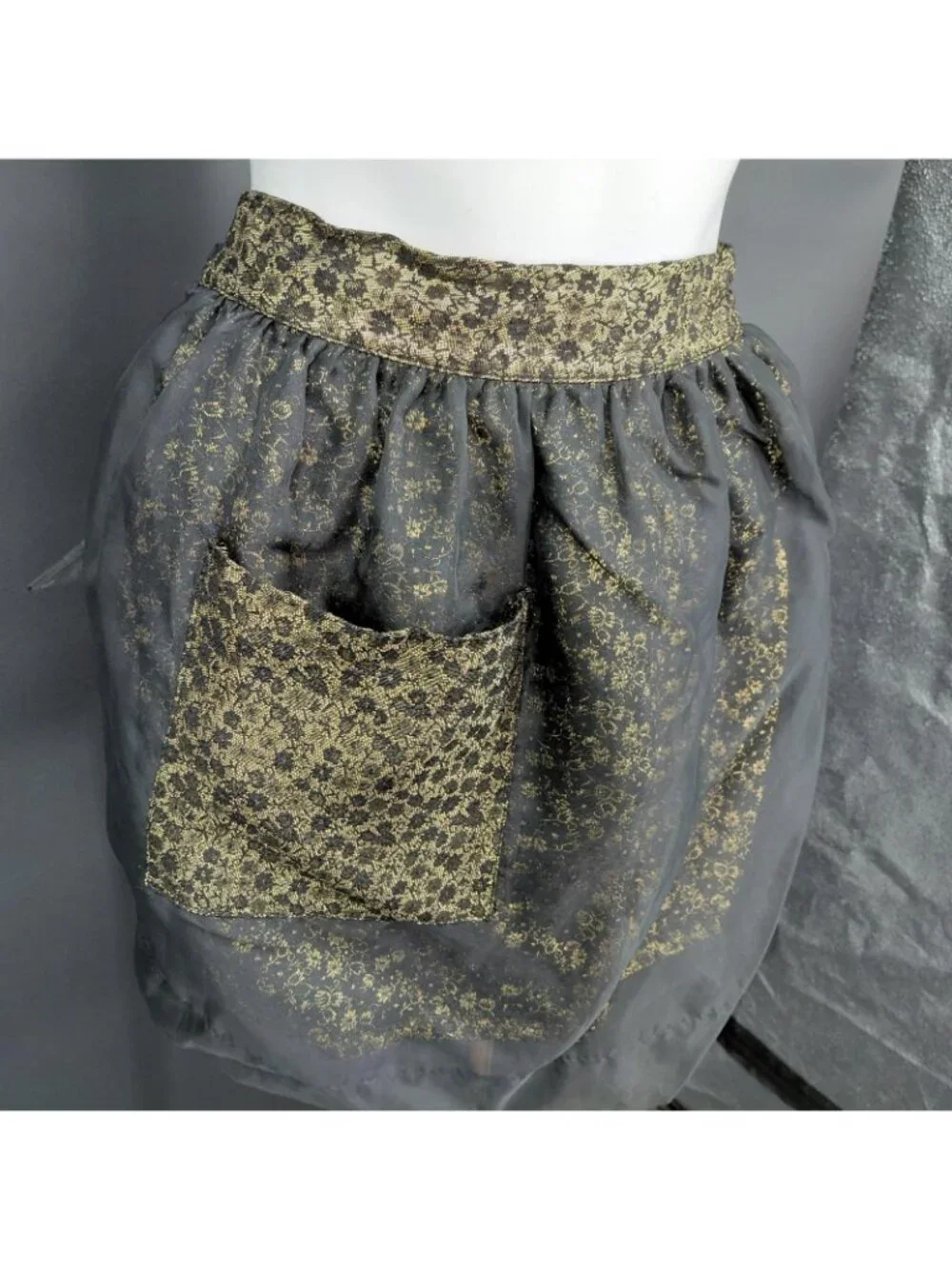 Vint Apron Skirt Women Black Wrap Floral Chiffon Bow Pocket Kitchen Party Gothic
